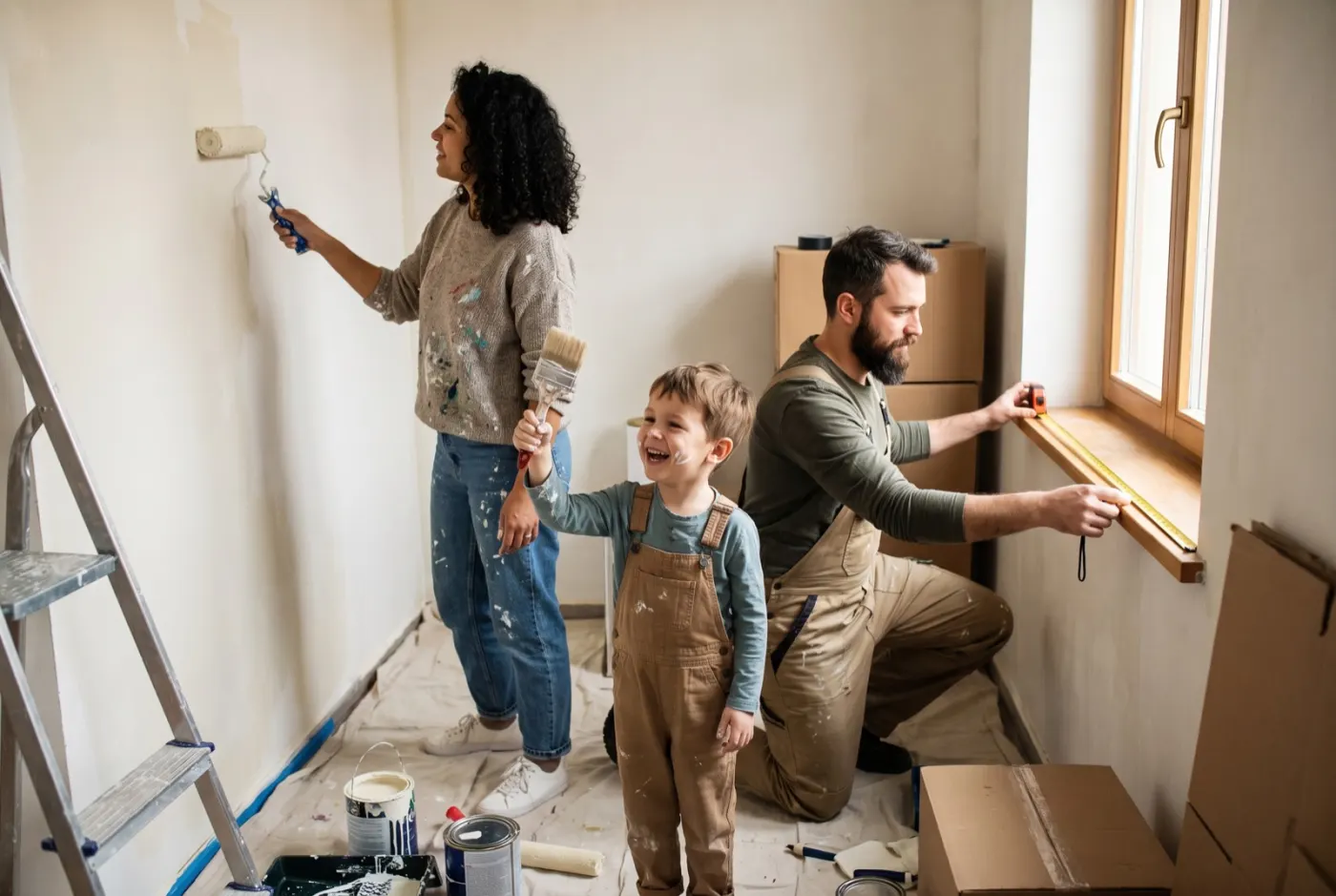 Junge Familie streicht gemeinsam die Wand ihrer Wohnung