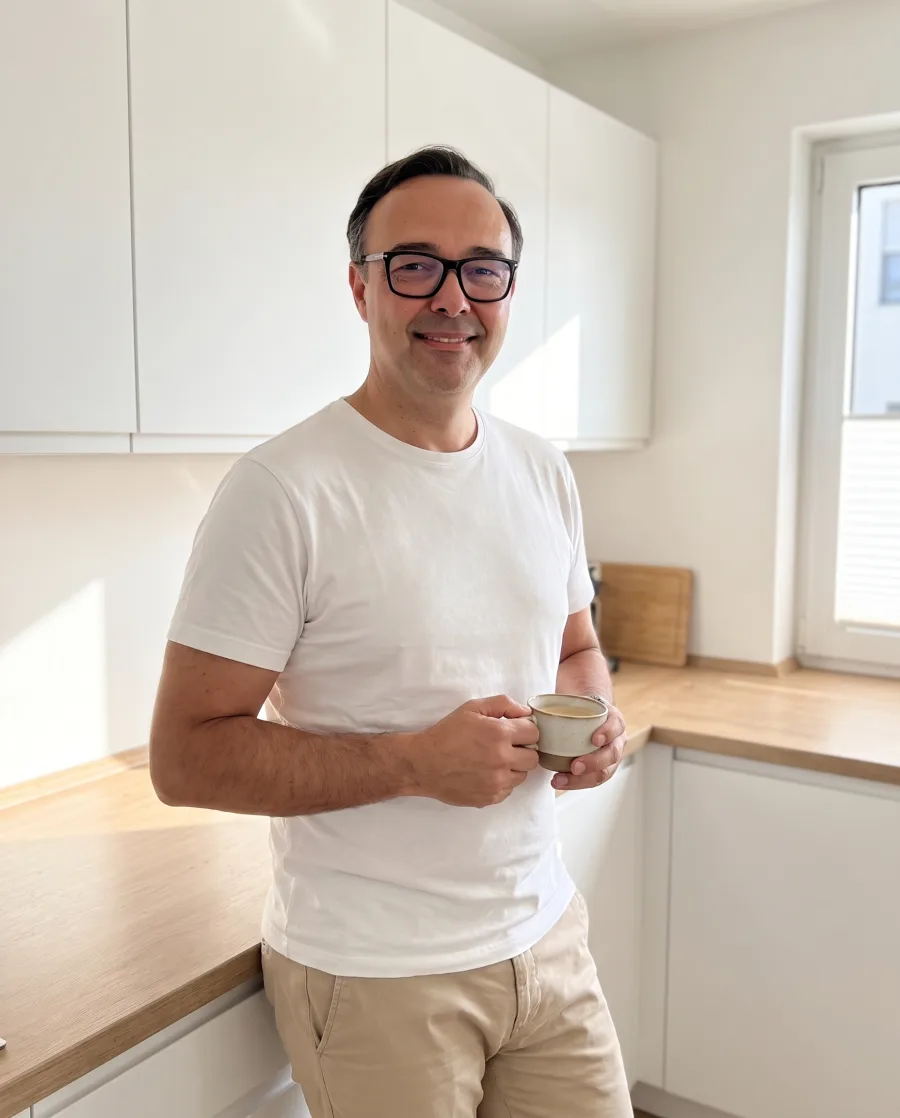 Marc A. Schnitzler zu Hause in der Küche mit einer Tasse Kaffee